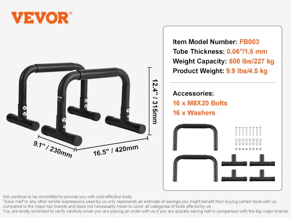 VEVOR Dip-Stangen, Maße: 9,1 x 16,5 x 12,4 Zoll, Gewichtskapazität: 500 lbs, Modellnummer: fb003.