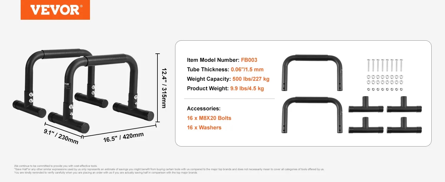 VEVOR Dip-Stangen, Maße: 9,1 x 16,5 x 12,4 Zoll, Gewichtskapazität: 500 lbs, Modellnummer: fb003.