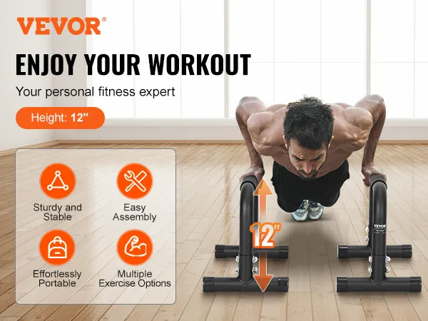 Mann macht Liegestütze mit VEVOR-Dip-Stangen auf einem Holzboden; stabil, einfache Montage, tragbar, mehrere Übungen.