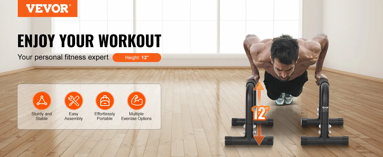 Mann macht Liegestütze mit VEVOR-Dip-Stangen auf einem Holzboden; stabil, einfache Montage, tragbar, mehrere Übungen.