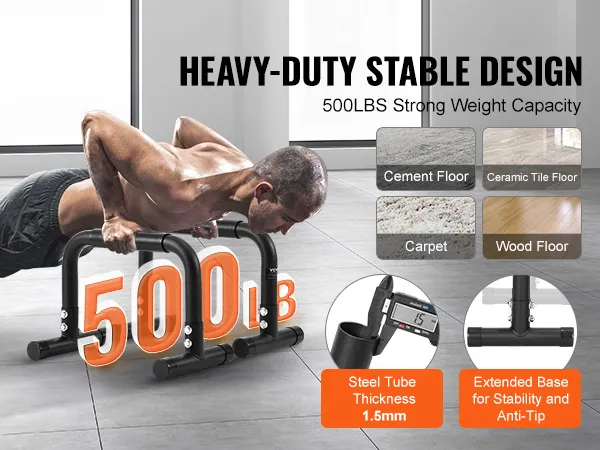 Hochleistungs-Dip-Stangen von VEVOR mit einer Gewichtskapazität von 500 Pfund, die Stabilität auf verschiedenen Bodenarten zeigen.