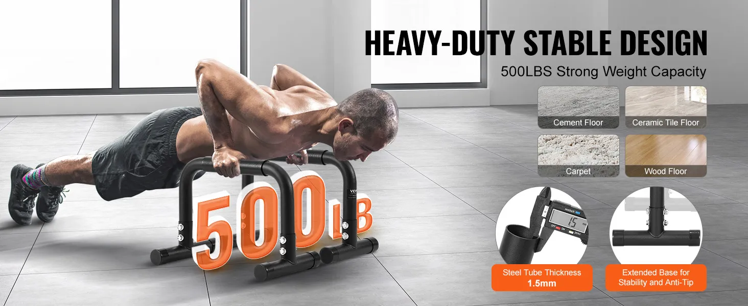 Hochleistungs-Dip-Stangen von VEVOR mit einer Gewichtskapazität von 500 Pfund, die Stabilität auf verschiedenen Bodenarten zeigen.