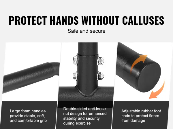 schützende VEVOR-Dip-Stangen mit Schaumstoffgriffen, Anti-Lose-Schrauben und verstellbaren Gummi-Fußpolstern.