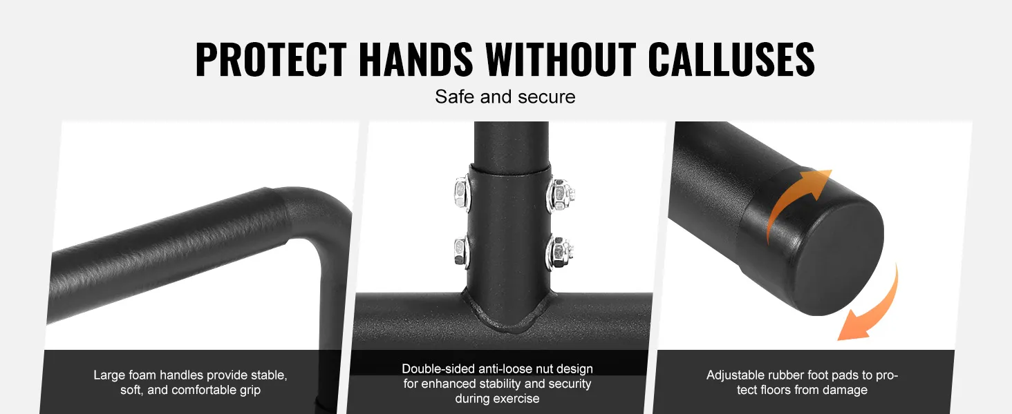 schützende VEVOR-Dip-Stangen mit Schaumstoffgriffen, Anti-Lose-Schrauben und verstellbaren Gummi-Fußpolstern.