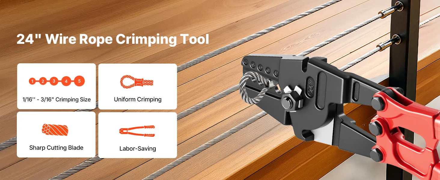 VEVOR hand swager crimper, 24-inch wire rope tool in use, crimping cable.