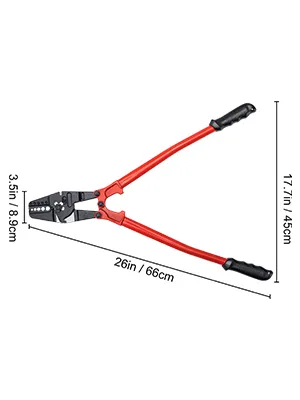 VEVOR hand swager crimper with red handles and measurement details.