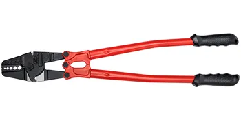 Rot-schwarze VEVOR-Hand-Swager-Crimper mit strukturierten Griffen und Stahlbacken.