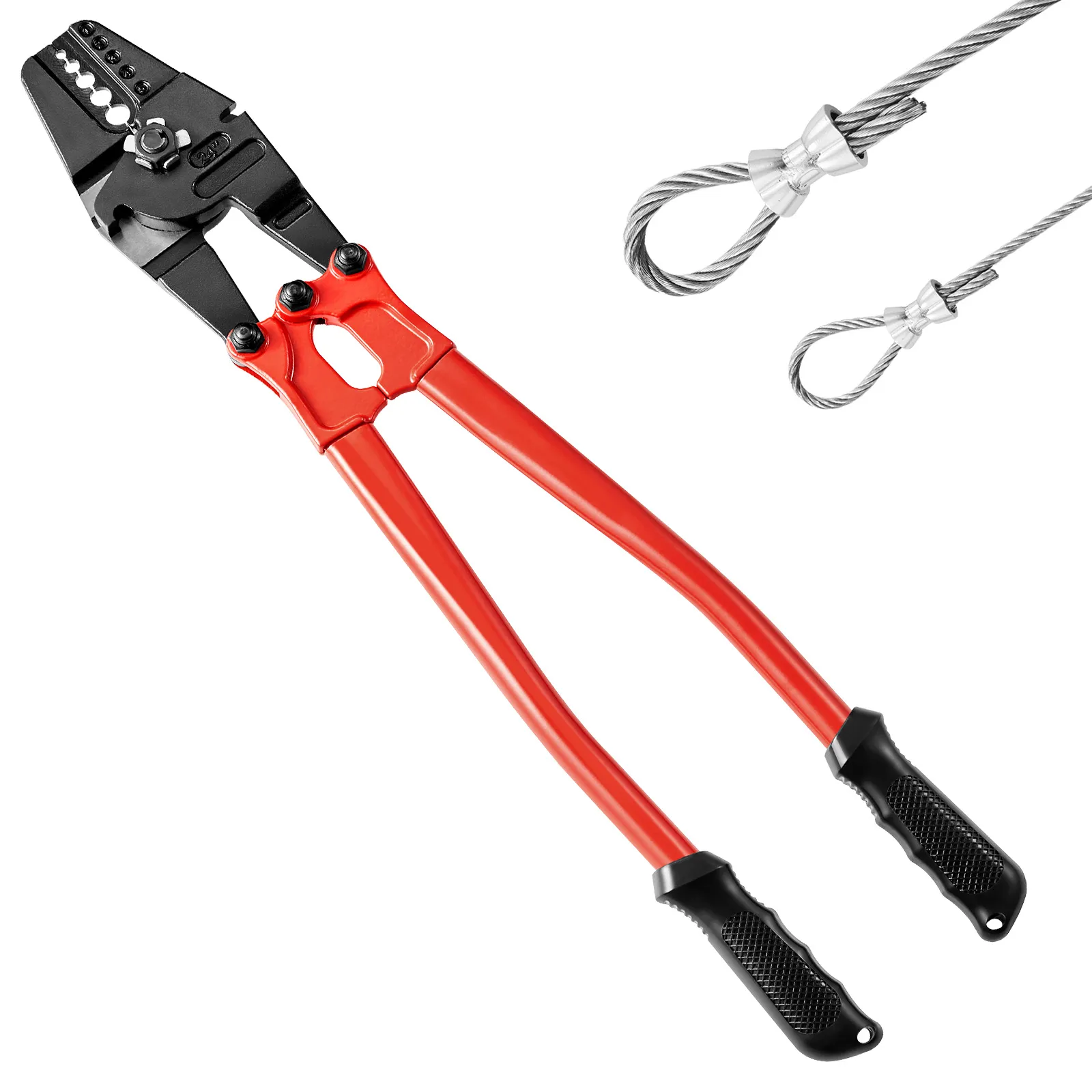 VEVOR hand swager crimper with red handles and black crimping jaws.
