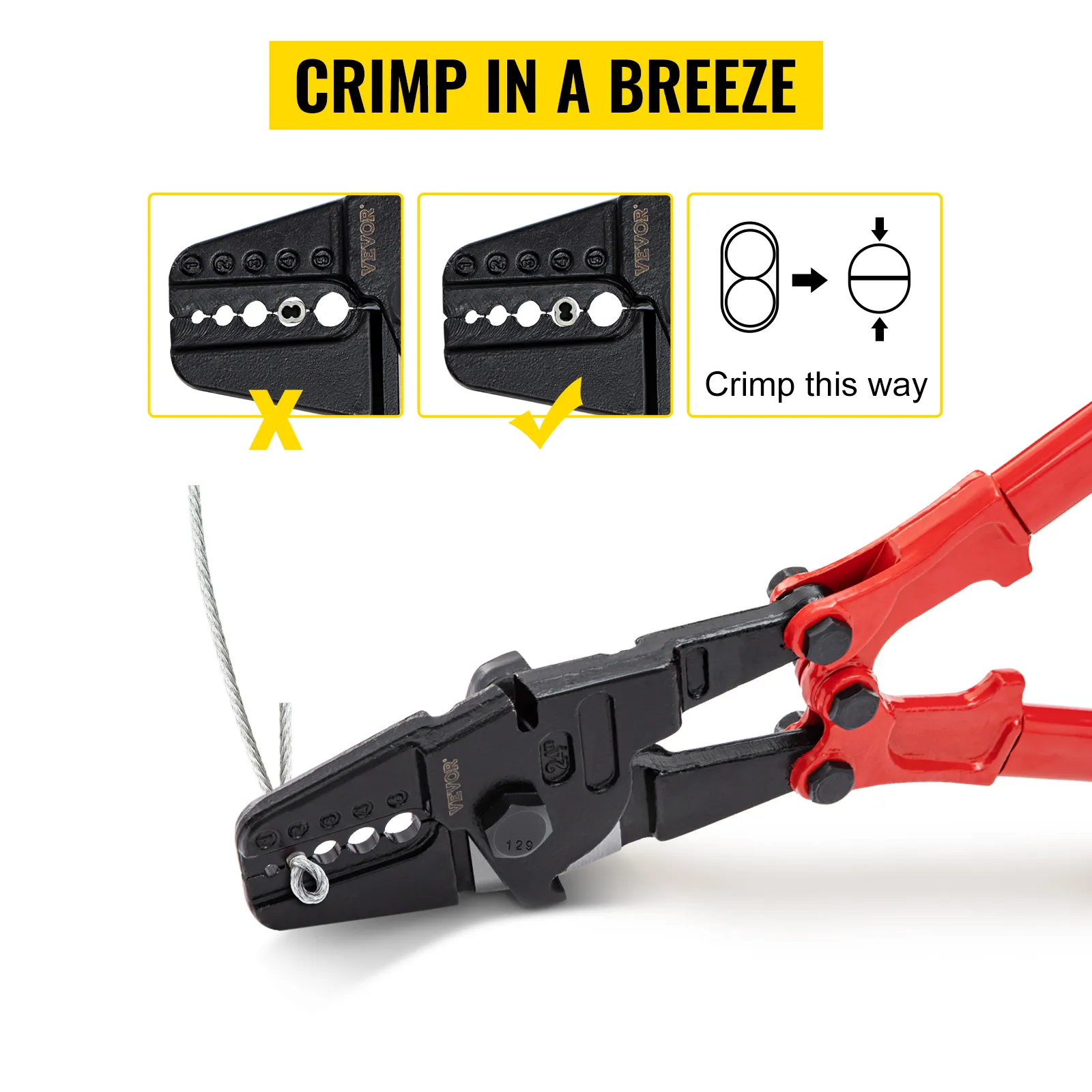 VEVOR-Hand-Swager-Crimper mit roten Griffen und Draht-Crimpführung.