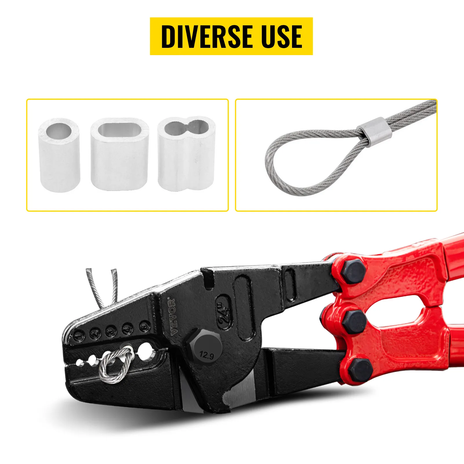 VEVOR Hand-Presszange mit Aluminiumhülsen und Drahtseilschlaufe für vielseitigen Einsatz.