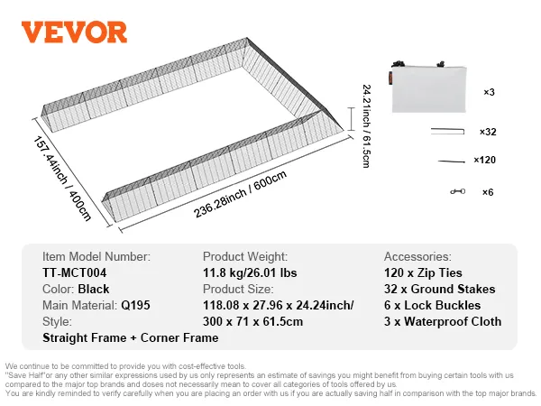 VEVOR chicken tunnels dimensions: 236.28 x 157.44 x 24.24 inches, black straight frame, q195 material.
