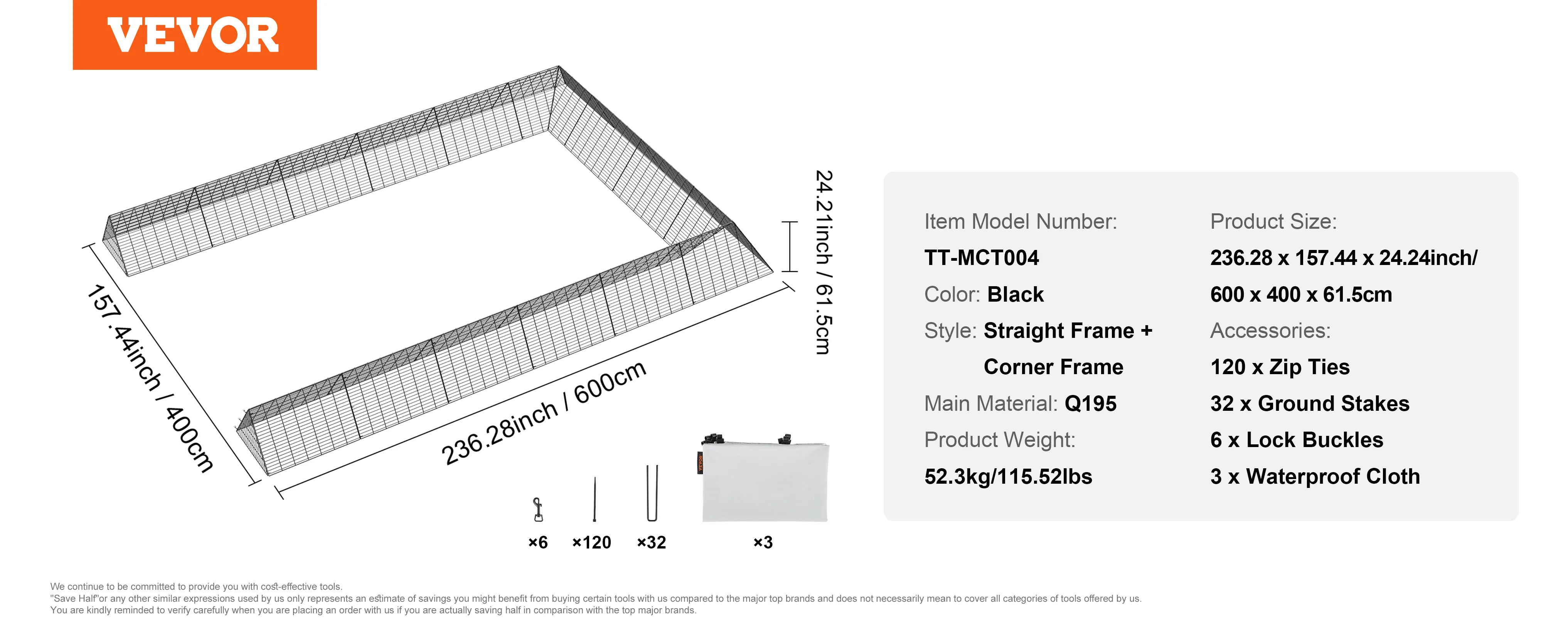VEVOR chicken tunnels dimensions: 236.28 x 157.44 x 24.24 inches, black straight frame, q195 material.
