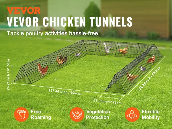 VEVOR chicken tunnels for flexible mobility and vegetation protection, allowing poultry to roam freely.