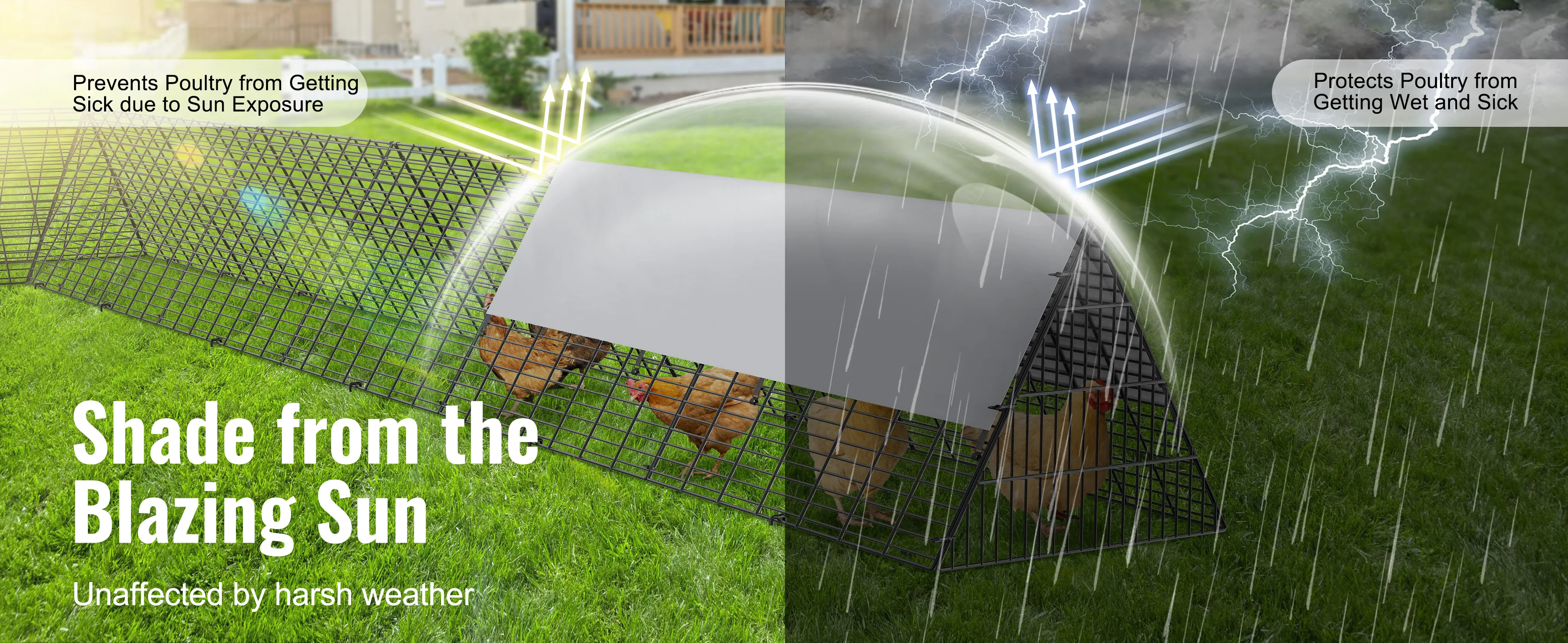 VEVOR chicken tunnels providing shade and protection from rain for poultry, enhancing health and comfort.