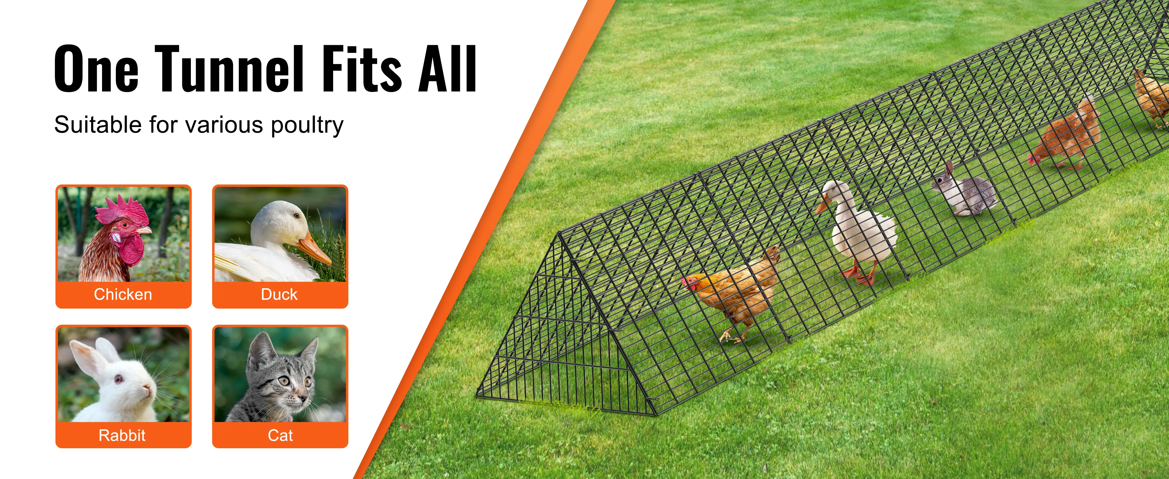 VEVOR chicken tunnels for chicken, duck, rabbit, cat in a green field. one tunnel fits all.