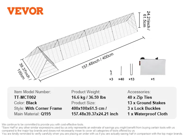 VEVOR chicken tunnels dimensions, accessories list, and product details in simple graphic format.