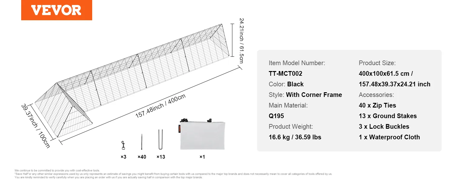 VEVOR chicken tunnels dimensions, accessories list, and product details in simple graphic format.