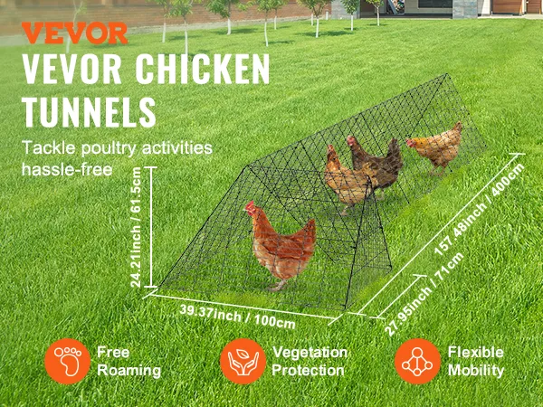 VEVOR chicken tunnels in a green yard with chickens inside, highlighting roaming, protection, and mobility.
