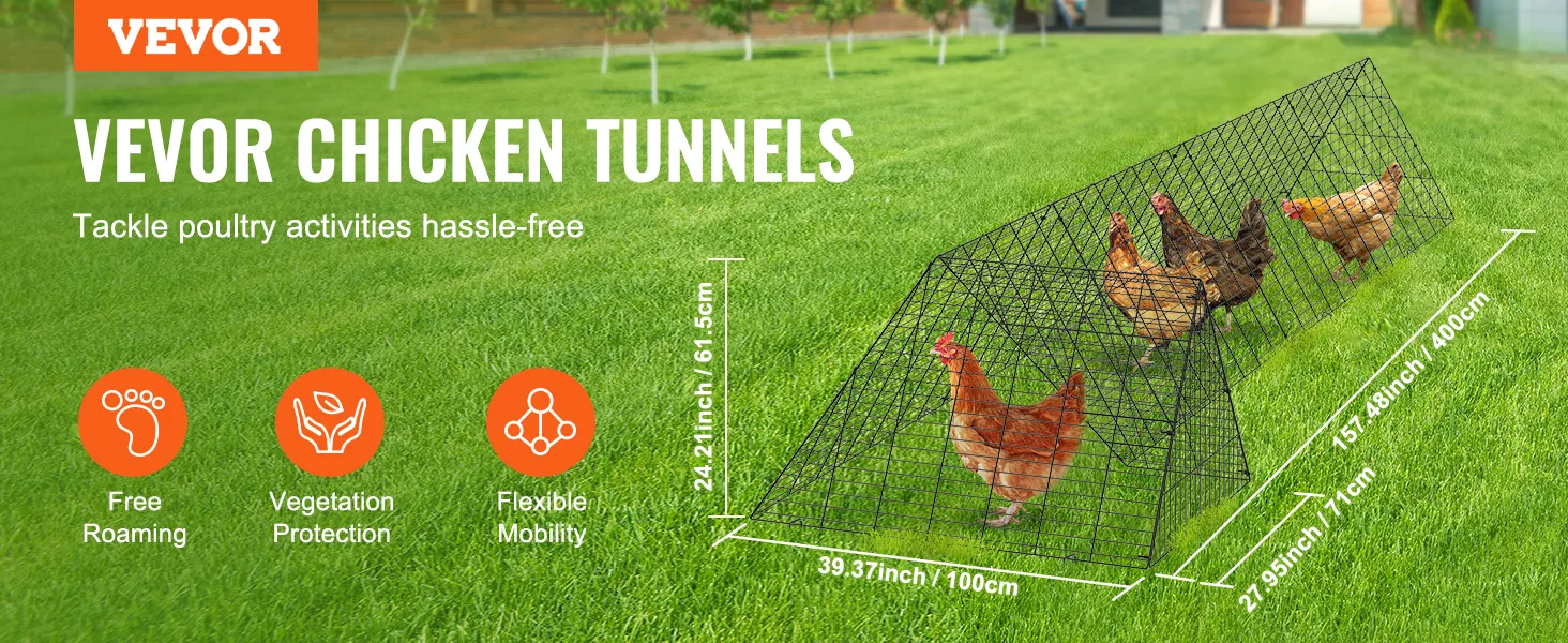VEVOR chicken tunnels in a green yard with chickens inside, highlighting roaming, protection, and mobility.