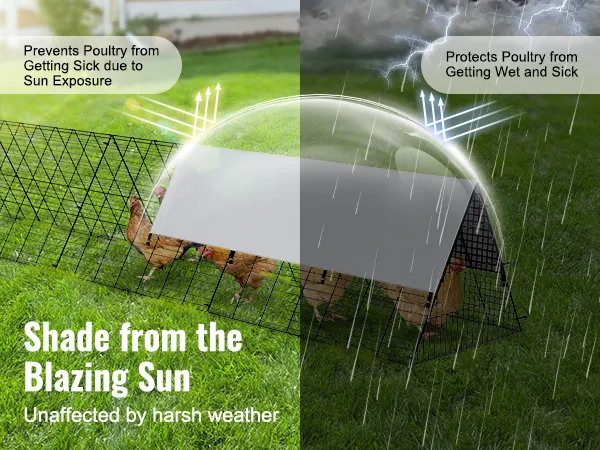 VEVOR chicken tunnels protect poultry from sun and rain, ensuring their health in various weather conditions.
