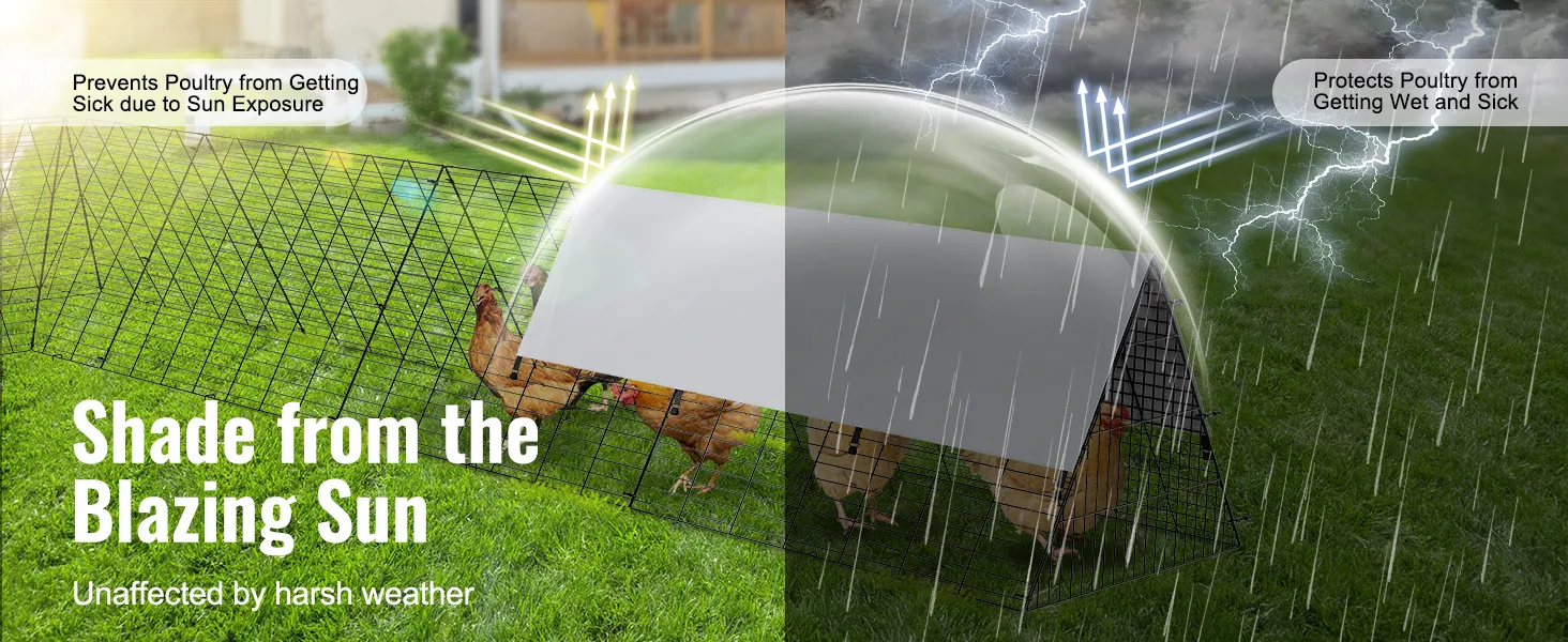 VEVOR chicken tunnels protect poultry from sun and rain, ensuring their health in various weather conditions.