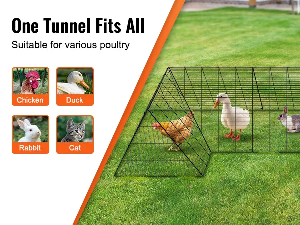 VEVOR chicken tunnels: versatile enclosure for chickens, ducks, rabbits, and cats on green grass.