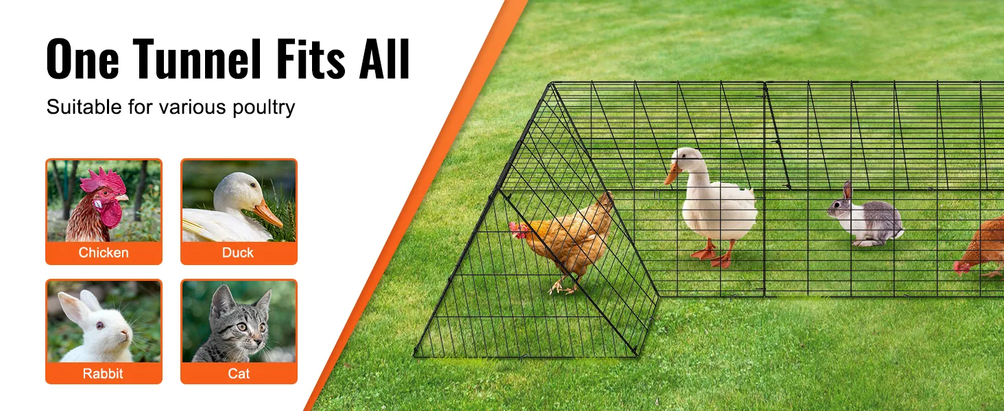 VEVOR chicken tunnels: versatile enclosure for chickens, ducks, rabbits, and cats on green grass.
