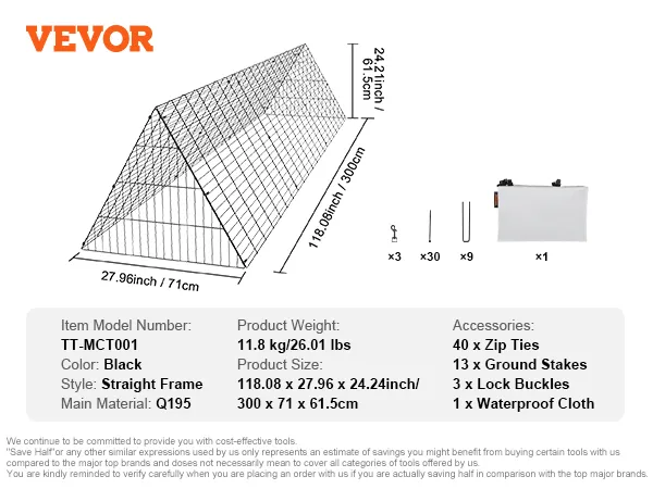 VEVOR chicken tunnels, 118.08" x 27.96" x 24.24", includes zip ties, ground stakes, and waterproof cloth.