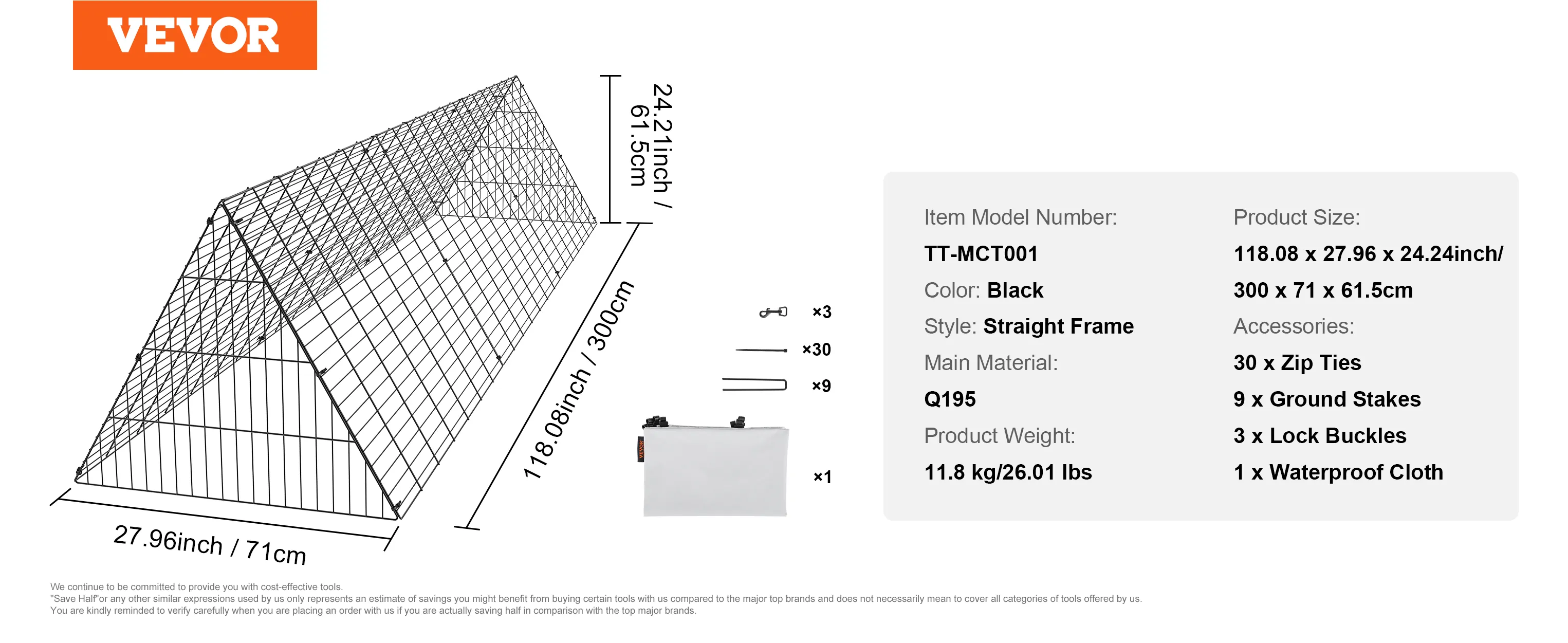 VEVOR chicken tunnels, 118.08" x 27.96" x 24.24", includes zip ties, ground stakes, and waterproof cloth.