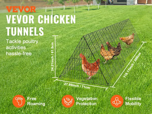 VEVOR chicken tunnels on grass with chickens inside. features: free roaming, vegetation protection, flexible mobility.