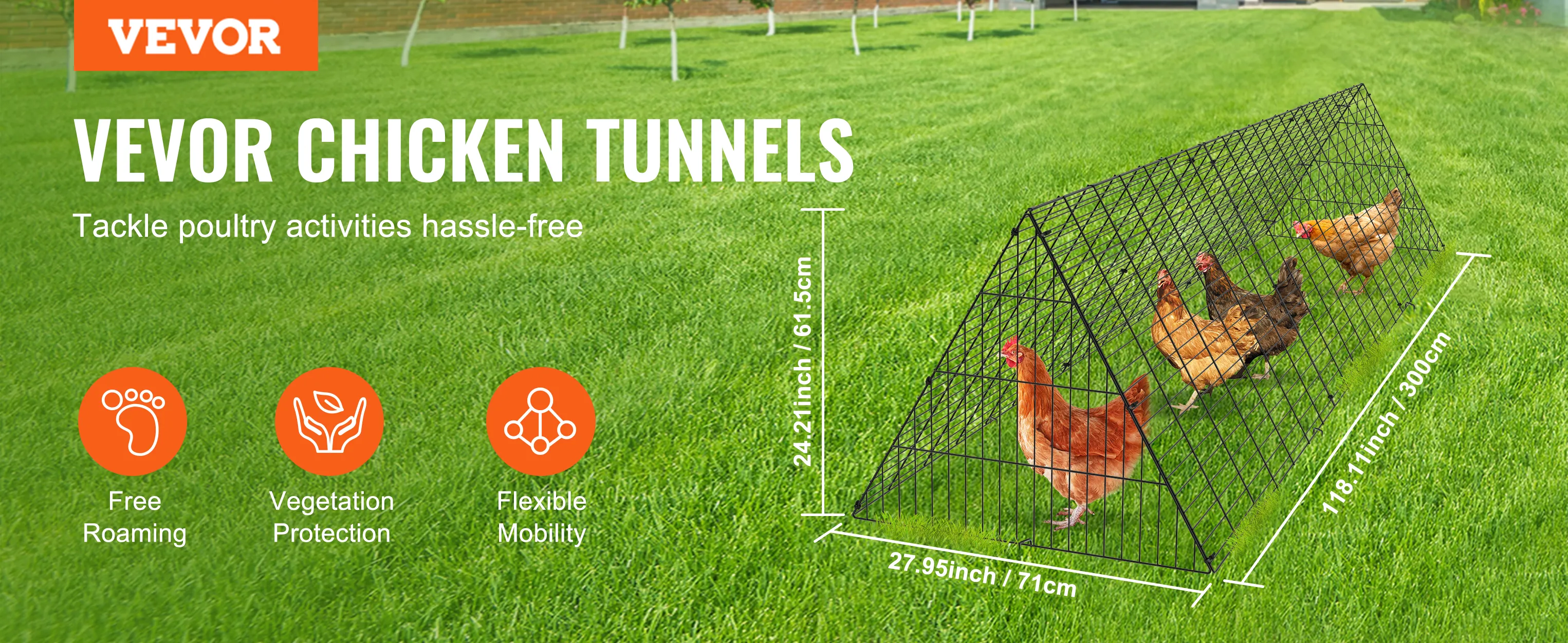 VEVOR chicken tunnels on grass with chickens inside. features: free roaming, vegetation protection, flexible mobility.