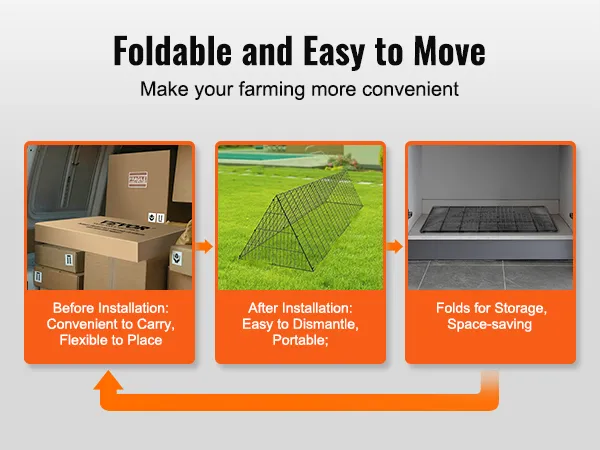 VEVOR chicken tunnels: easy to install, portable, and foldable for space-saving storage.