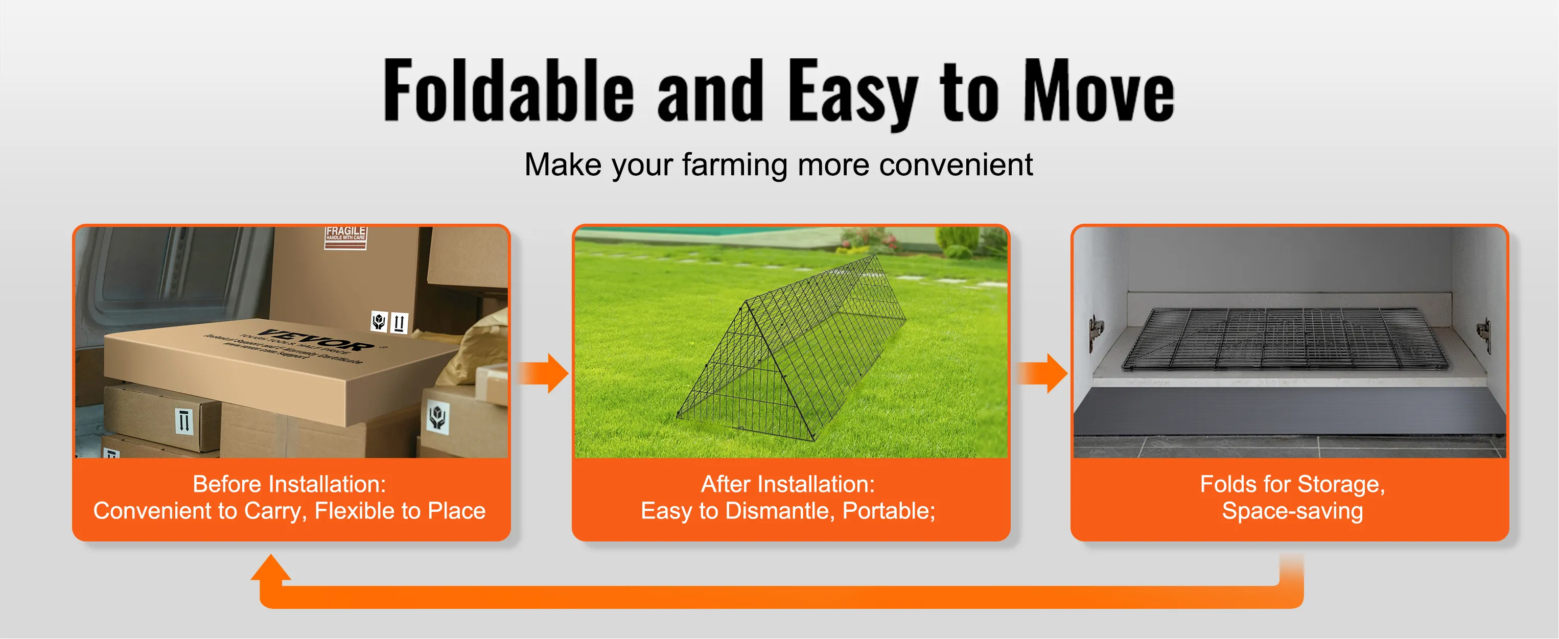 VEVOR chicken tunnels: easy to install, portable, and foldable for space-saving storage.