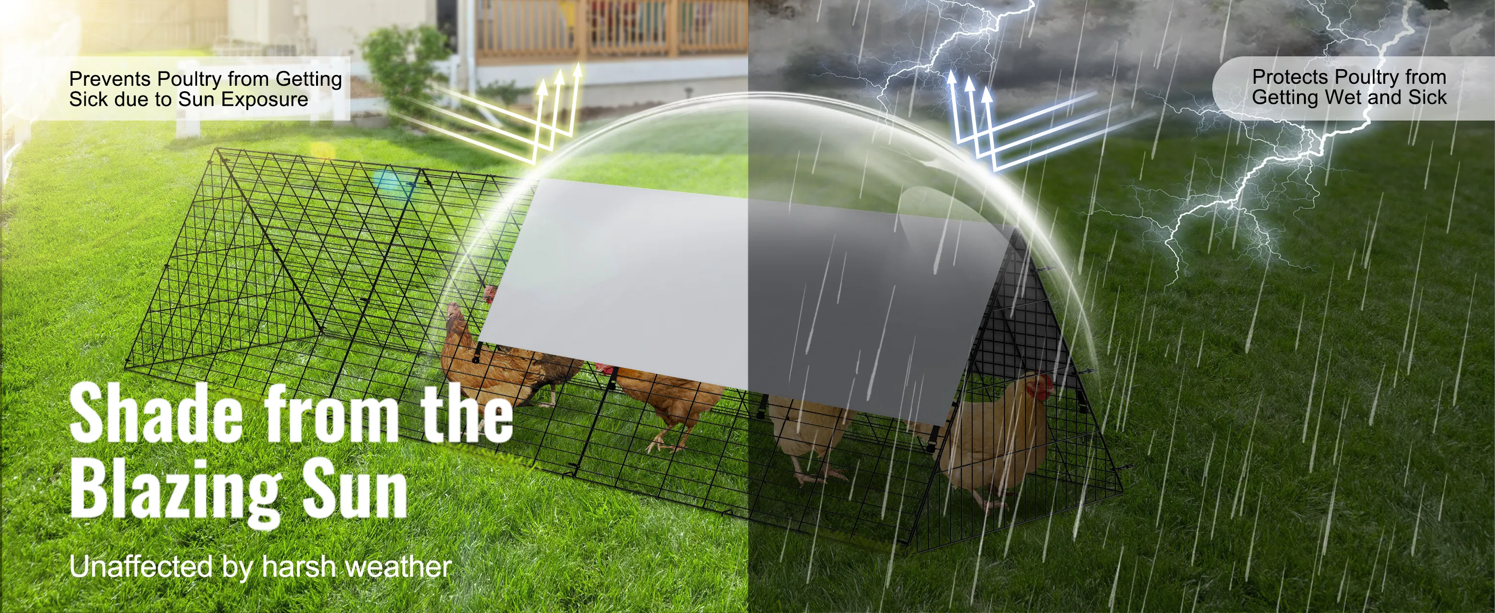 VEVOR chicken tunnels offer sun and rain protection, keeping poultry healthy in all weather conditions.