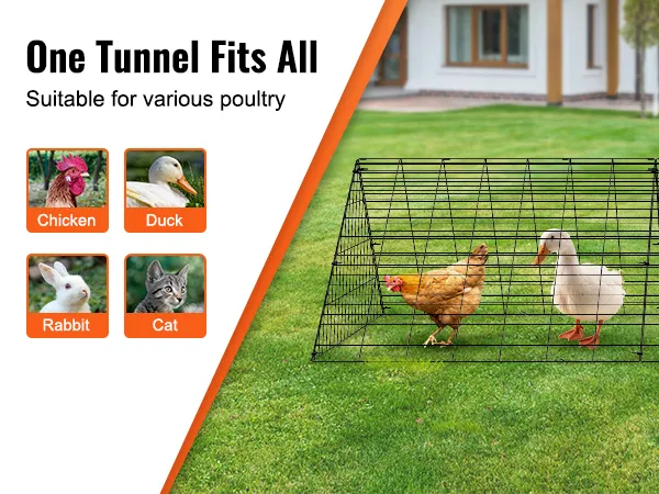 VEVOR chicken tunnels for various poultry including chicken, duck, rabbit, and cat on green lawn.