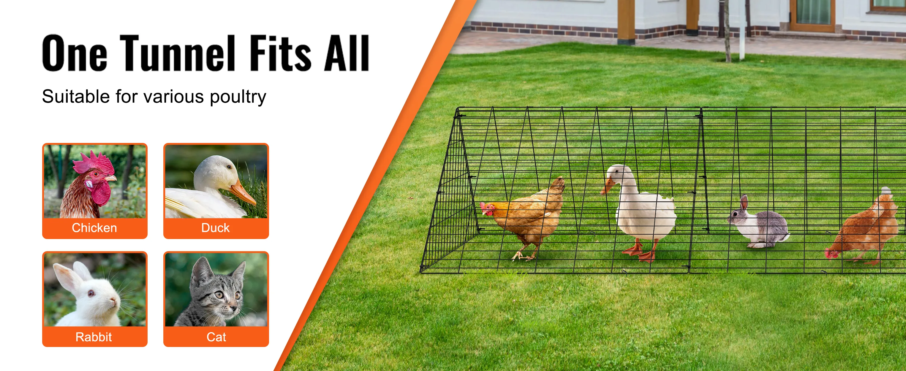 VEVOR chicken tunnels for various poultry including chicken, duck, rabbit, and cat on green lawn.