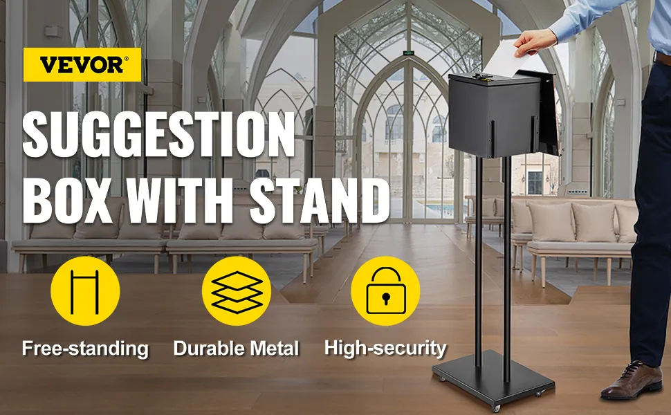 VEVOR ballot box with stand in hall, highlighting free-standing design, durable metal, and high security.