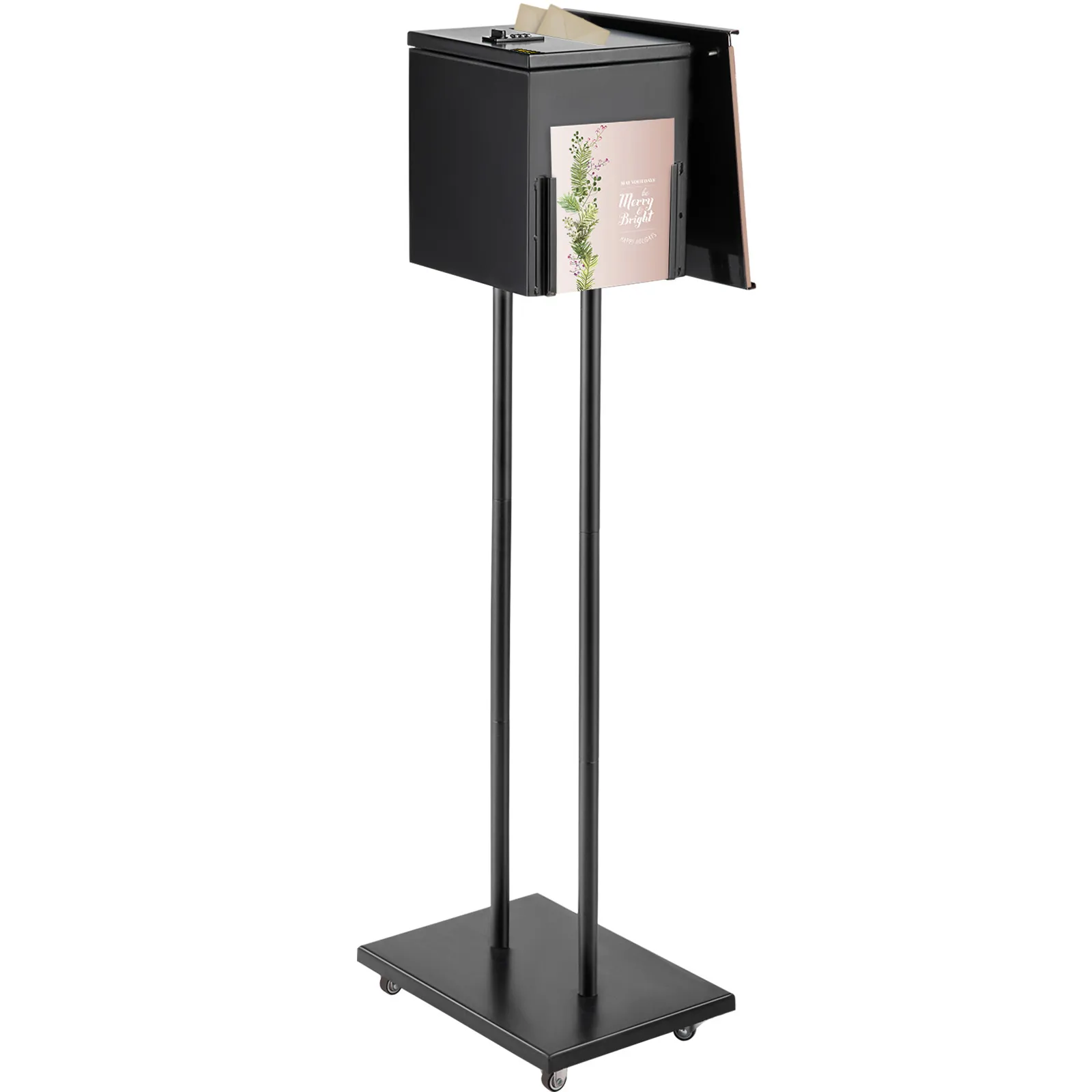 black VEVOR ballot box on a tall stand with a pink holiday-themed sign, open top lid for ballot insertion.