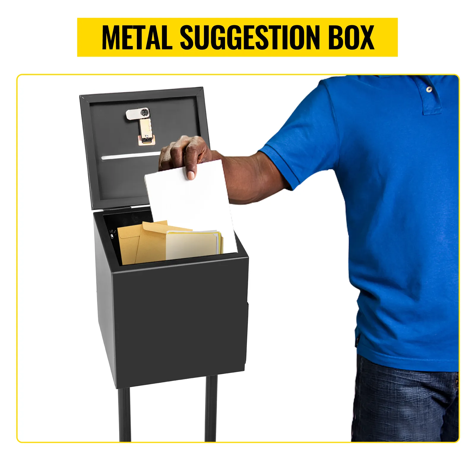 person using VEVOR ballot box to submit documents and envelopes, labeled "metal suggestion box."