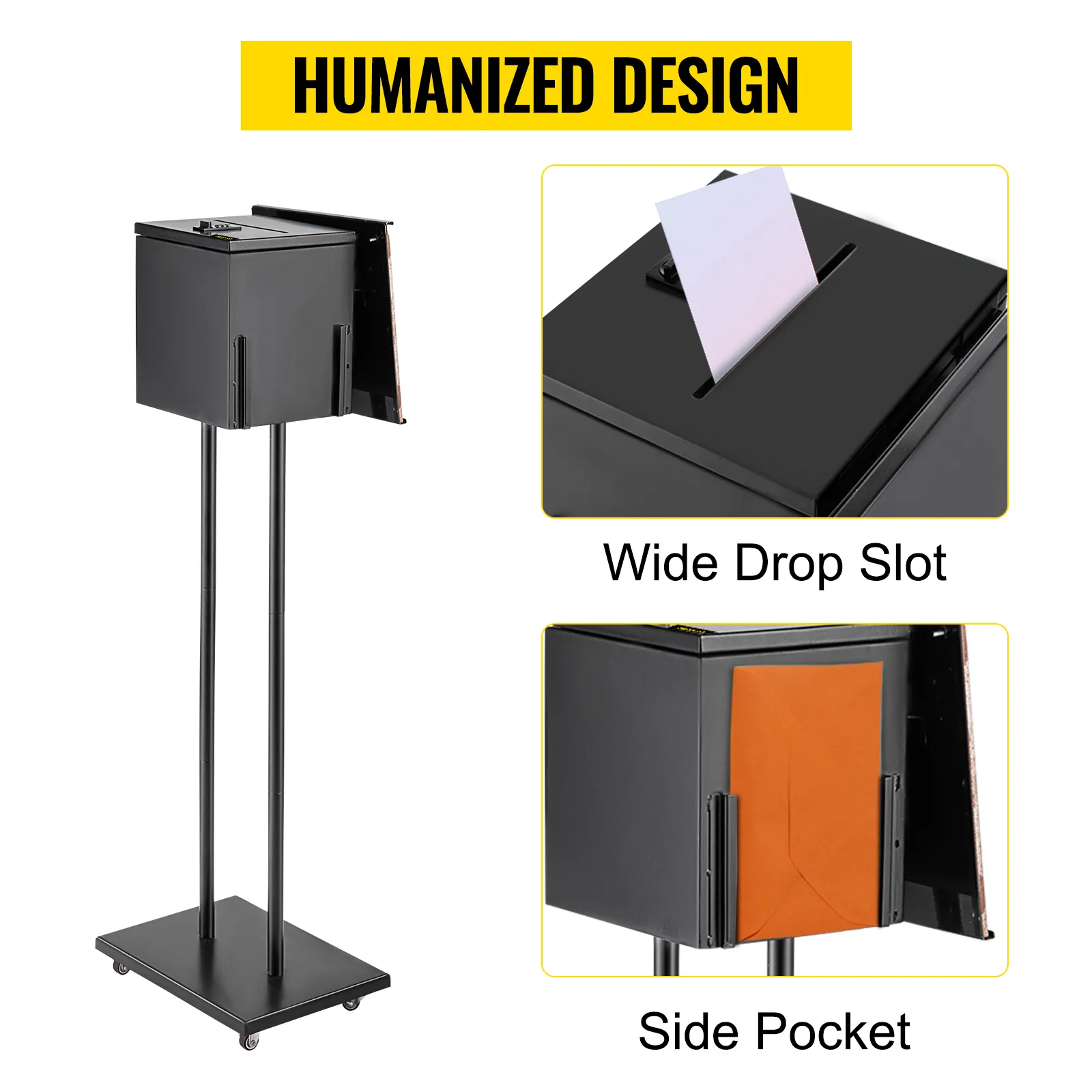 VEVOR ballot box with wide drop slot, side pocket, and "humanized design" text above.