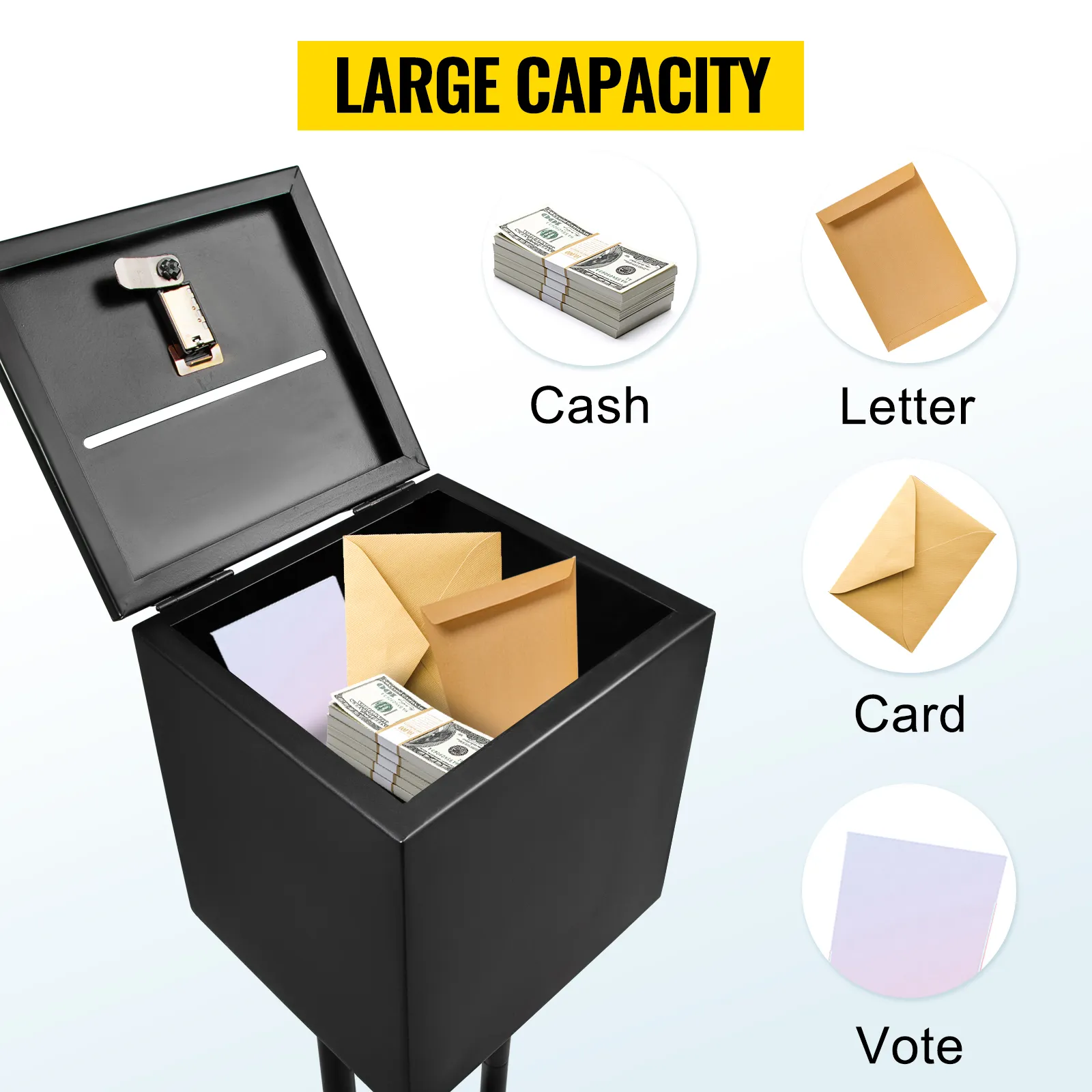 VEVOR ballot box with large capacity for cash, letters, cards, and votes displayed on a black box.