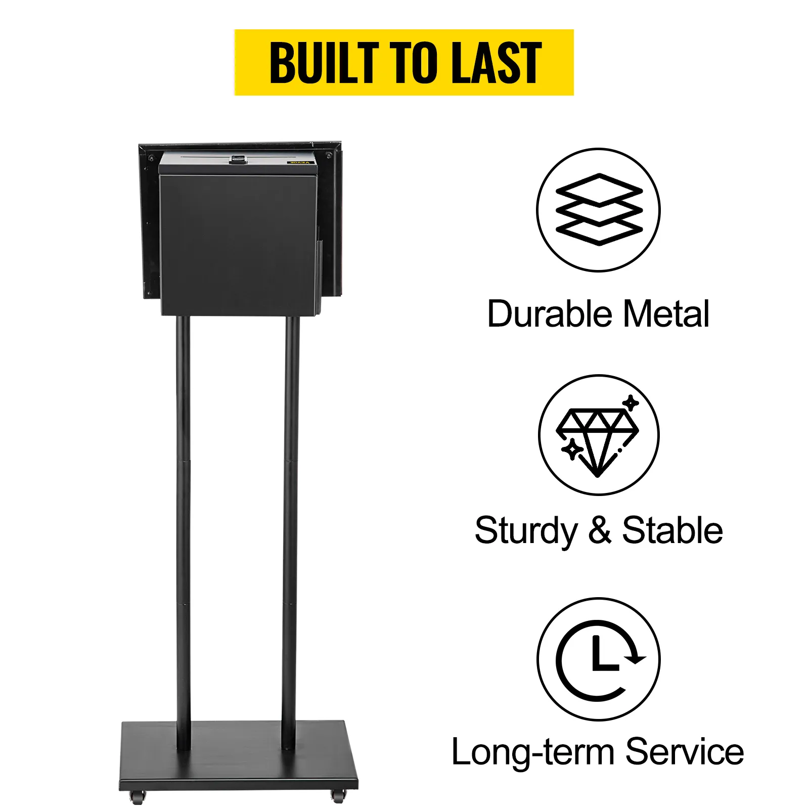 VEVOR ballot box on a stand with "built to last" header, highlighting durable metal, stability, and longevity.