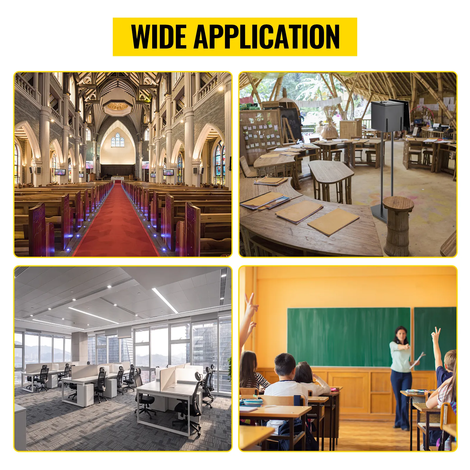 church interior, classroom, office, and outdoor wooden area with "wide application" text featuring VEVOR ballot box.