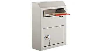 VEVOR suggestiedoos met veilig slot en sleutel, rode en witte papieren in de bovenste gleuf.