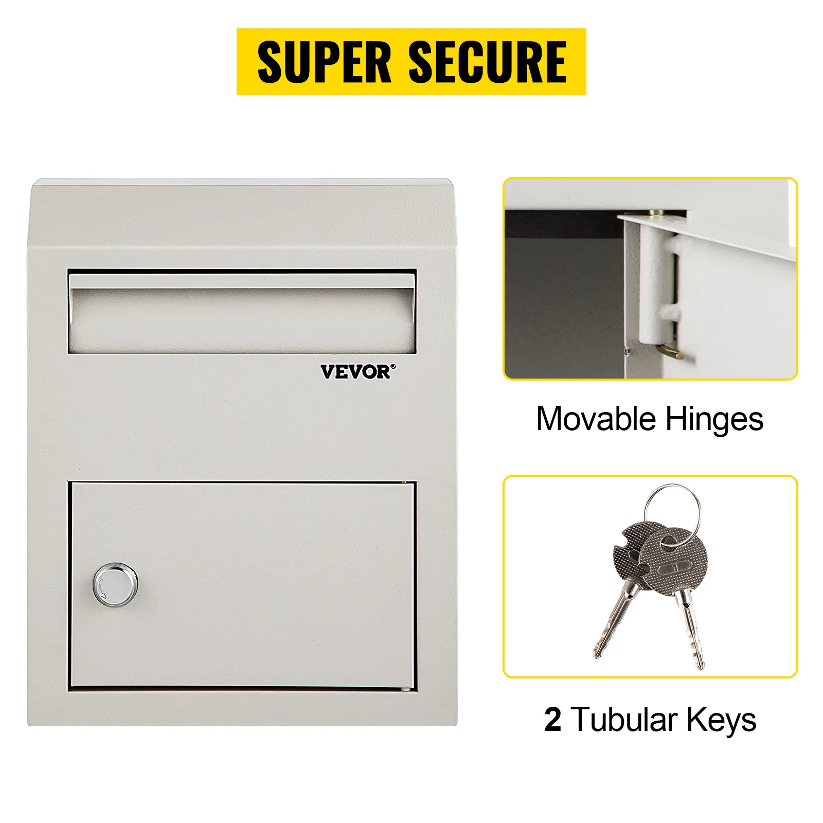 VEVOR suggestiedoos met beweegbare scharnieren en 2 buisvormige sleutels, voorzien van een "superveilig"-label.