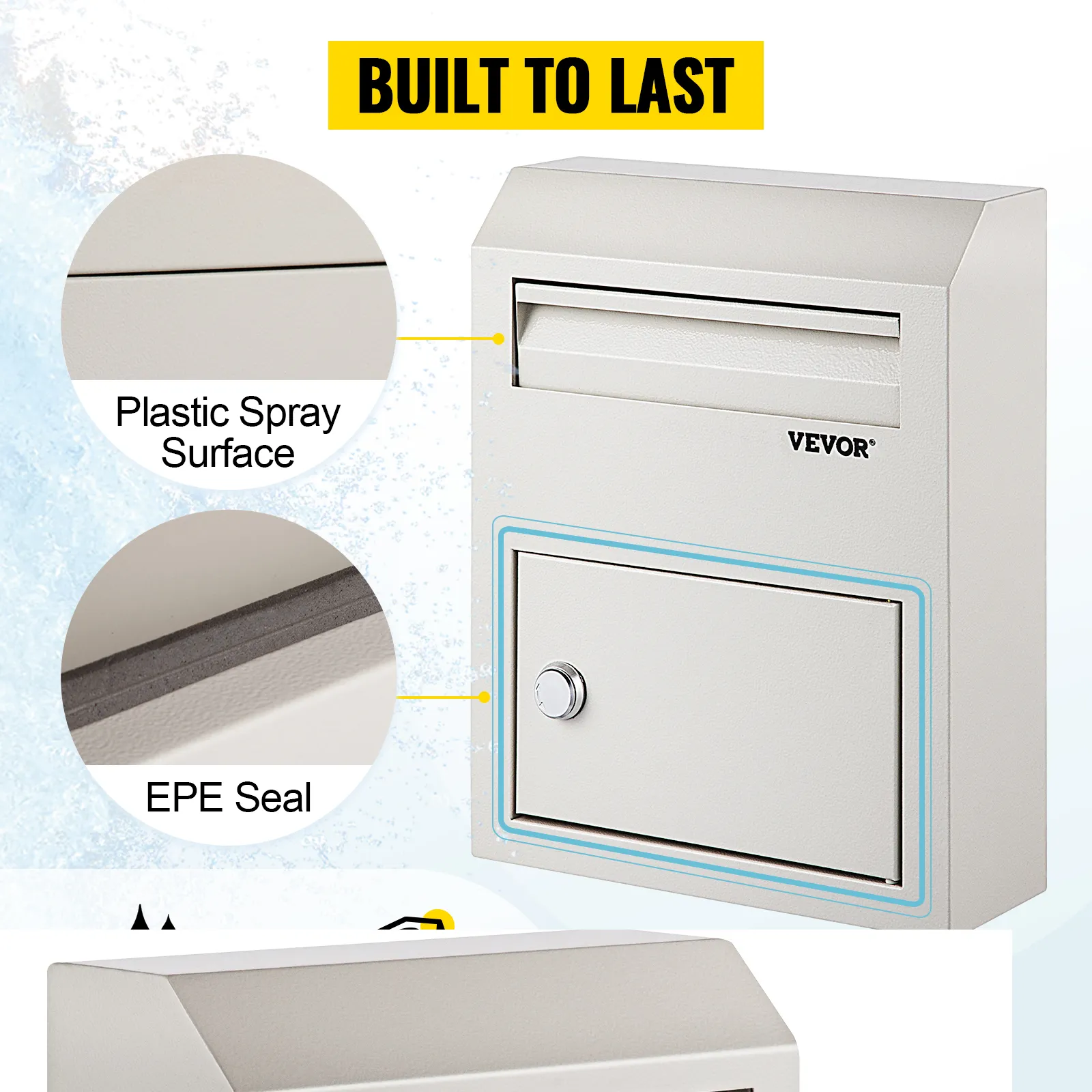 VEVOR-suggestiedoos met een kunststof sproei-oppervlak en epe-afdichting, met het opschrift "gebouwd om lang mee te gaan".