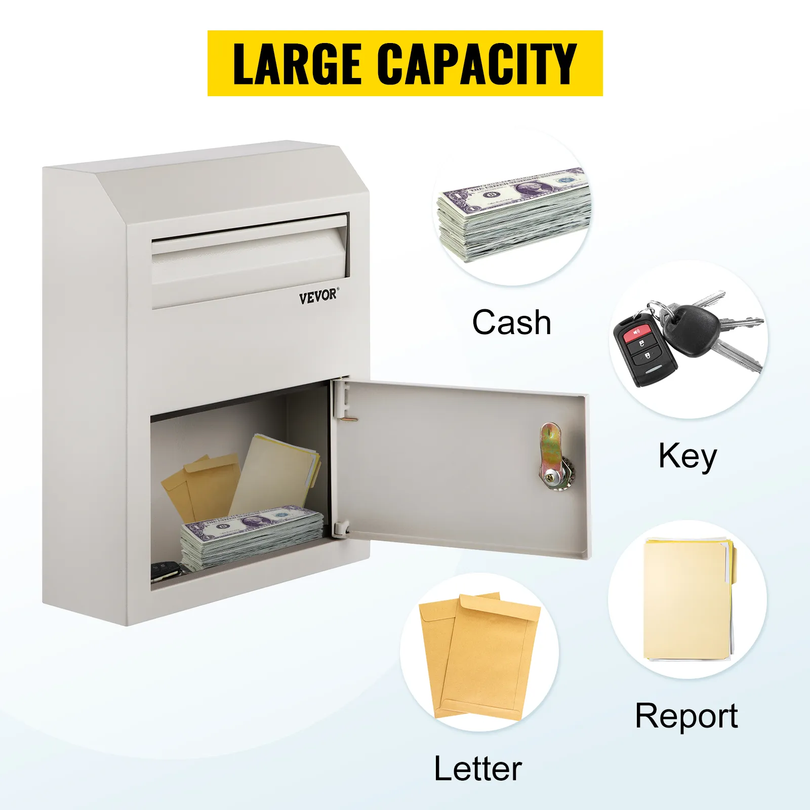 VEVOR suggestiebak met grote capaciteit voor het opbergen van contant geld, sleutels, brieven en rapporten.