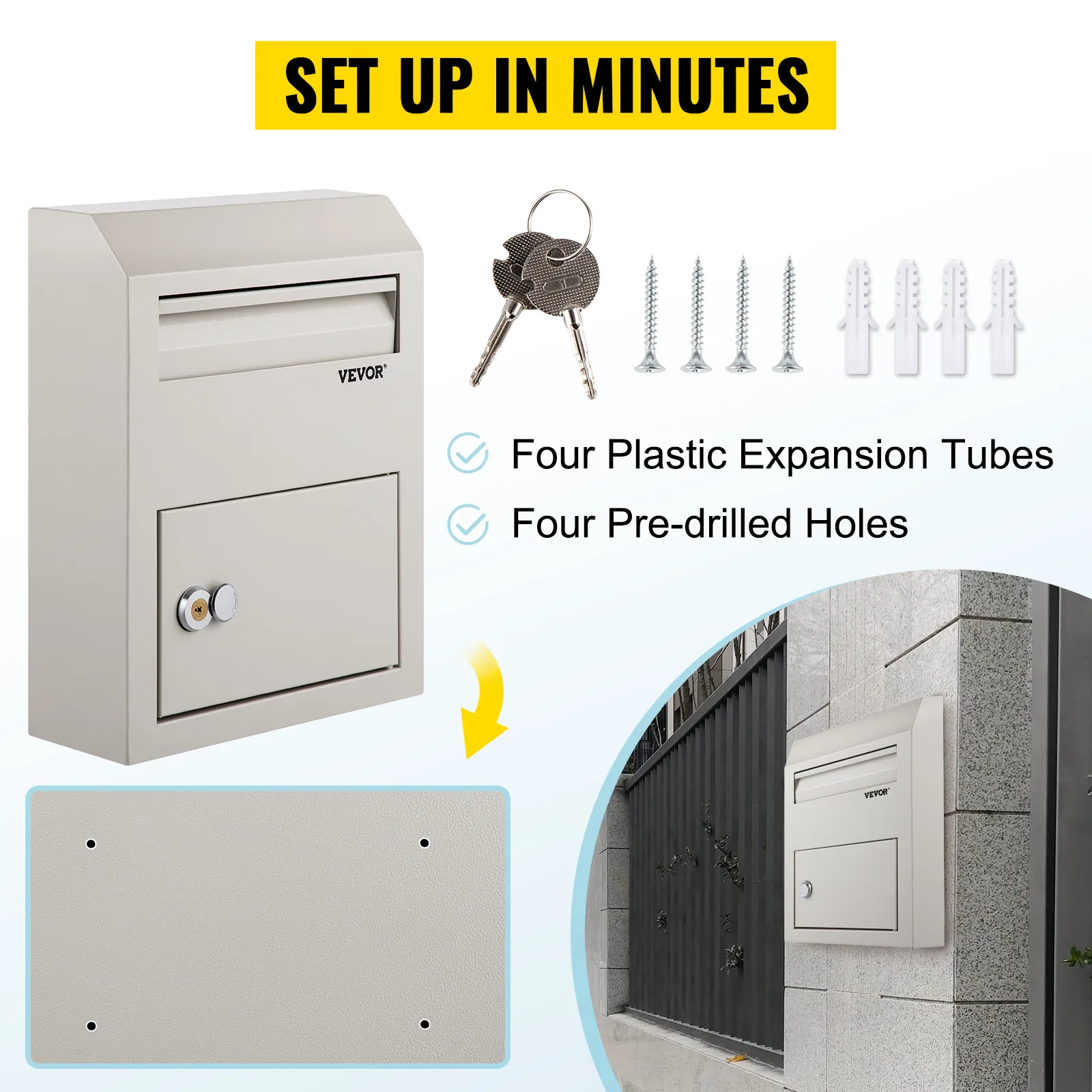 VEVOR-suggestiedoos met sleutels, schroeven, kunststof expansiebuizen en voorgeboorde gaten voor een snelle installatie.