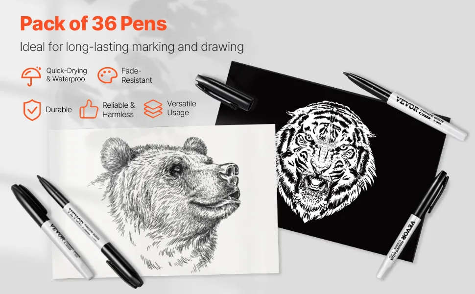 36 Black Fine Point Permanent Markers - Waterproof For Plastic, Metal, Glass