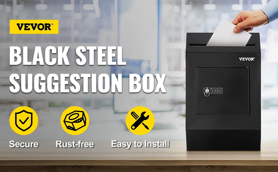 VEVOR suggestion box: black steel, secure, rust-free, easy to install. office environment background.